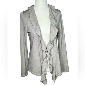 Talbots Italian Merino Wool Sweater Ruffles Open Front Gray Classic Chic Medium